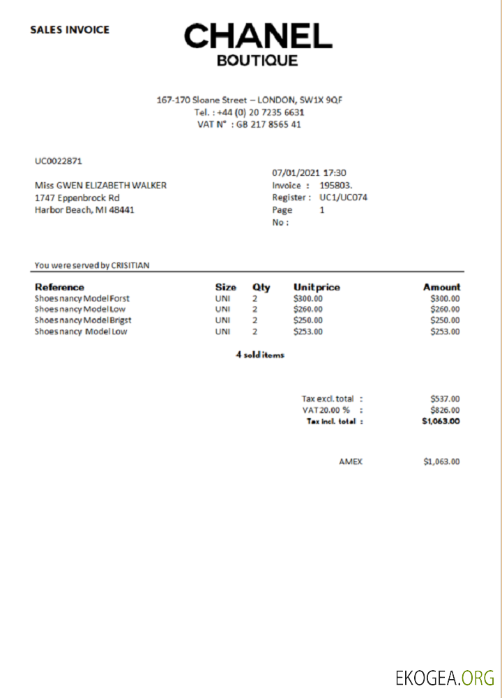 Facture de vente Boutique Chanel